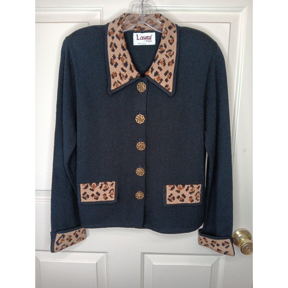VTG Laura By Alyzia Cardigan Size 8 Black Leopard Brass Buttons 1960s USA EUC